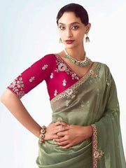 Beautiful Green Organza Border Work Traditional Saree With Blouse