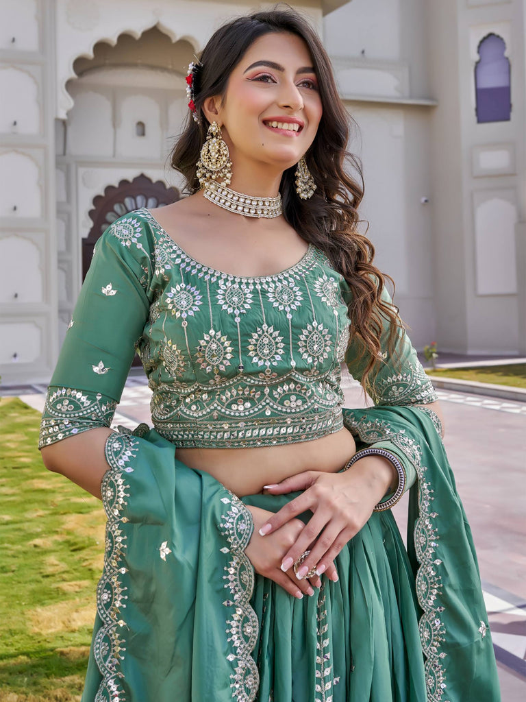 Alluring Green Embroidered Silk Function Wear Lehenga Choli