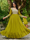 Amazing Parrot Green Georgette Beads Work Gown With Dupatta