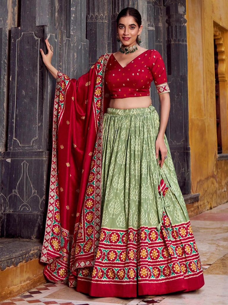 Delicate Sage Green Silk Ikkat Printed Traditional Lehenga Choli
