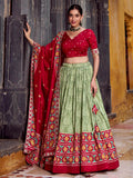 Delicate Sage Green Silk Ikkat Printed Traditional Lehenga Choli
