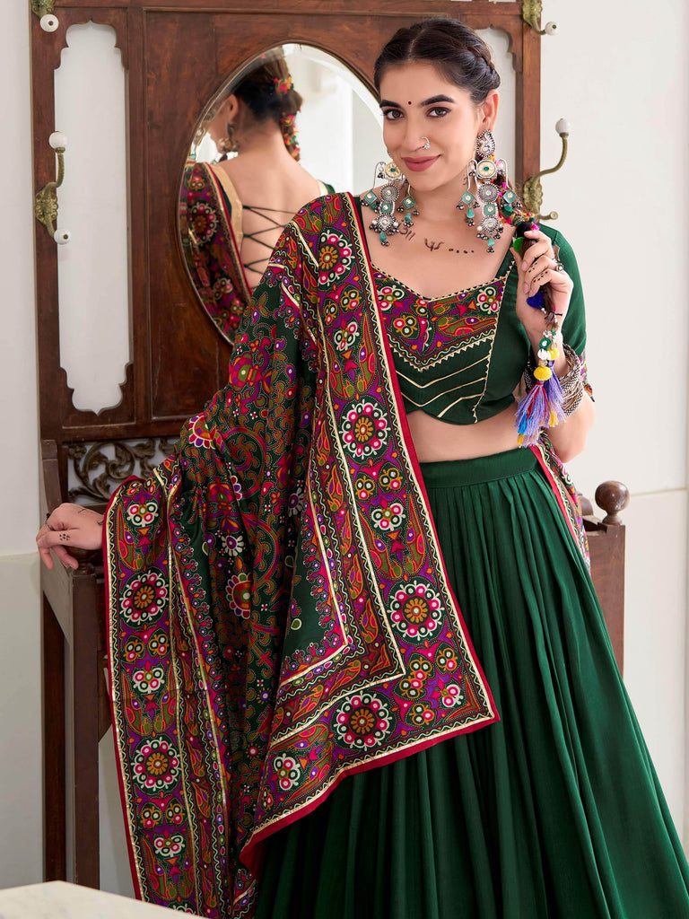 Stunning Green Tussar Silk Printed Lehenga Choli With Dupatta