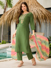 Lovely Green Rayon Sequins Pant Suit With Bandhani Dupatta