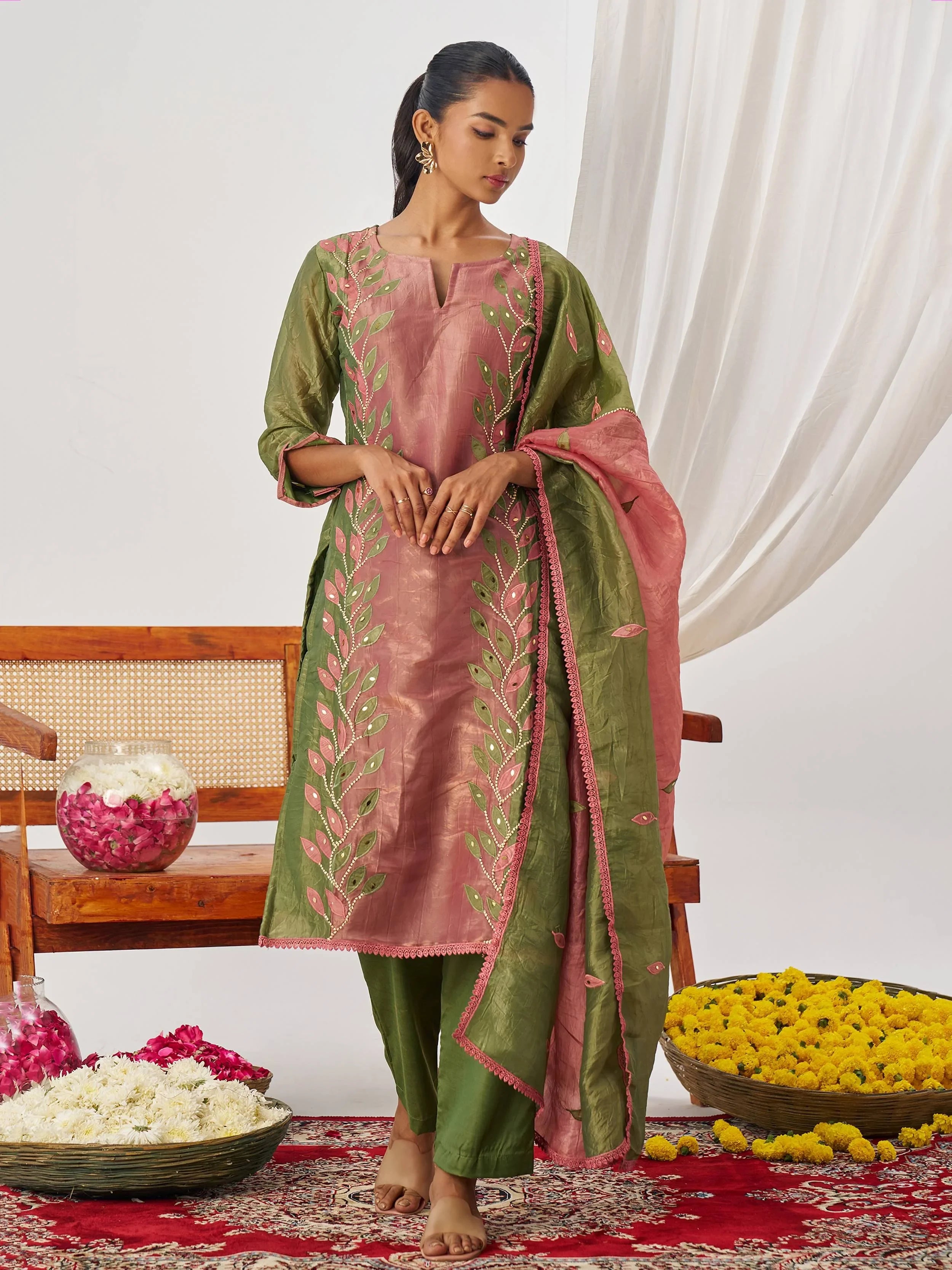 Glamorous Green Organza Mirror Work Festive Wear Pant Suit