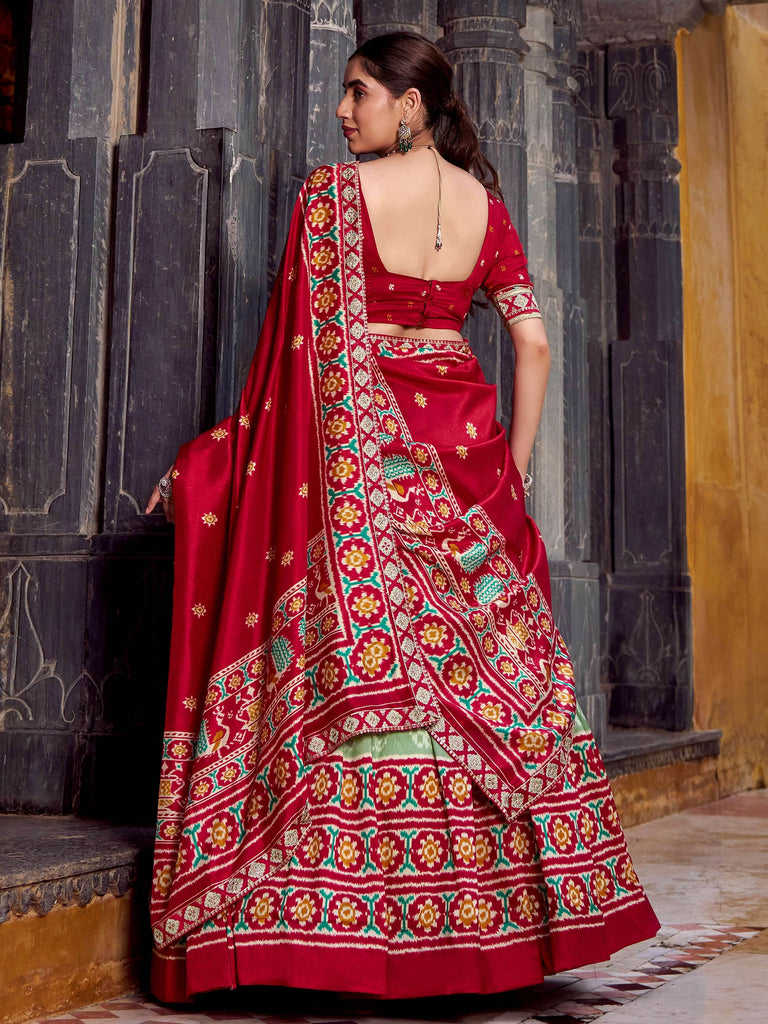 Delicate Sage Green Silk Ikkat Printed Traditional Lehenga Choli