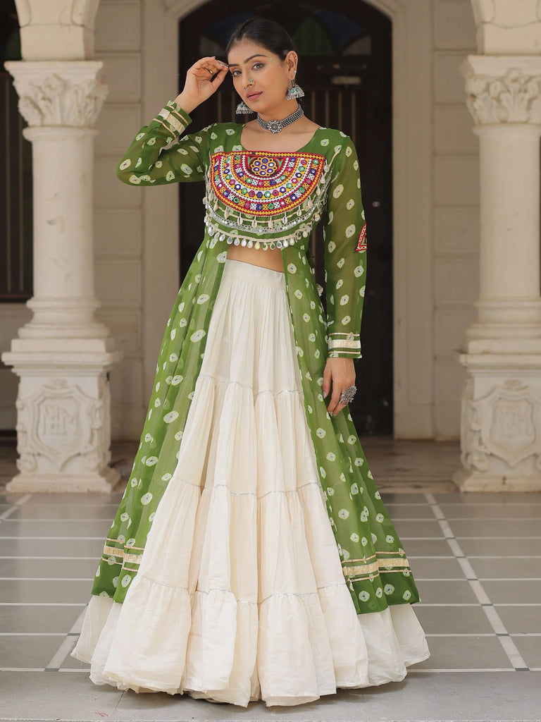 Awesome Parrot Green Kutchi Work Georgette Kurti With Lehenga