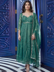 Alluring Teal Green Embroidered Silk Traditional Anarkali Gown With Dupatta