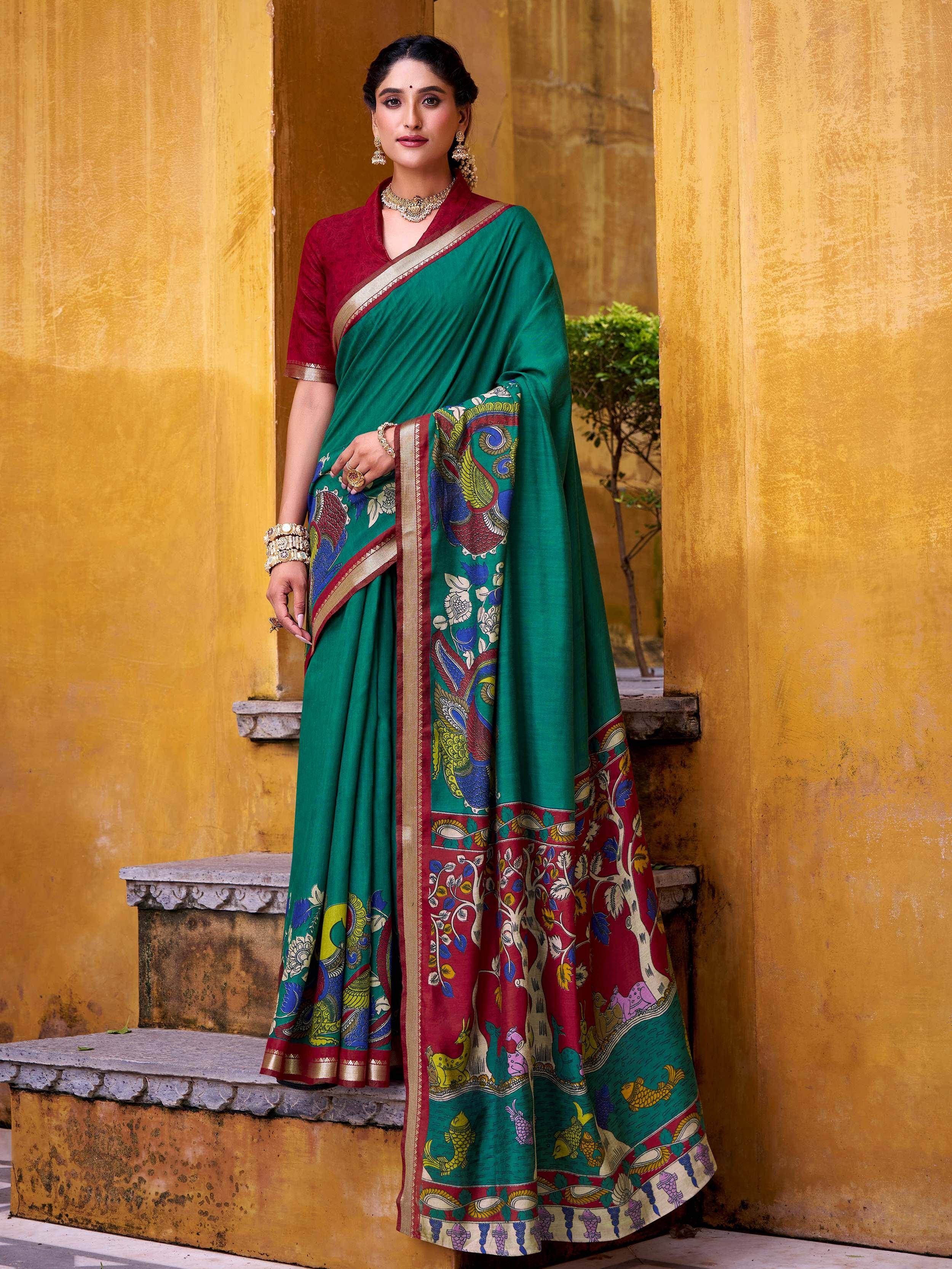 Green and maroon printed saree with peacock motifs, ethnic Indian wear for women