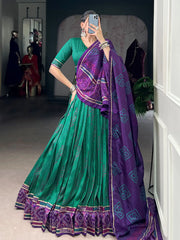 Pretty Green Tussar Silk Bandhani Printed Lehenga Choli With Dupatta