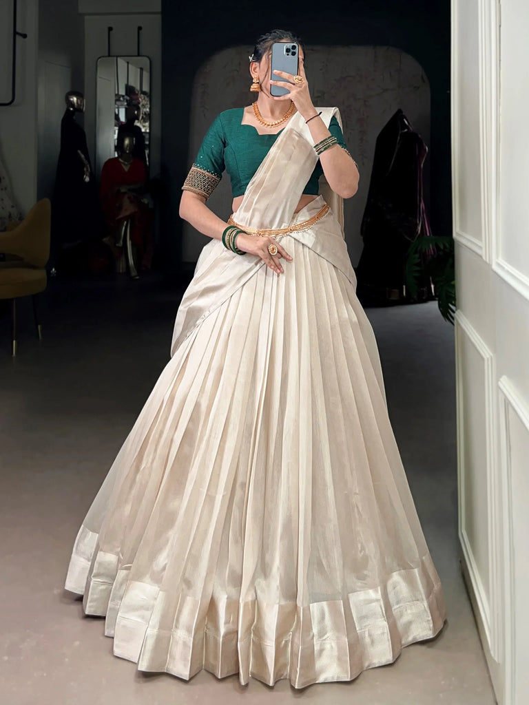 Spectacular Cream Silk Border Work Onam Wear Half Saree Lehenga