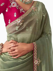Beautiful Green Organza Border Work Traditional Saree With Blouse
