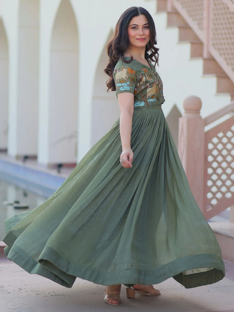 Elegant Green Organza Embroidered Traditional Gown With Koti