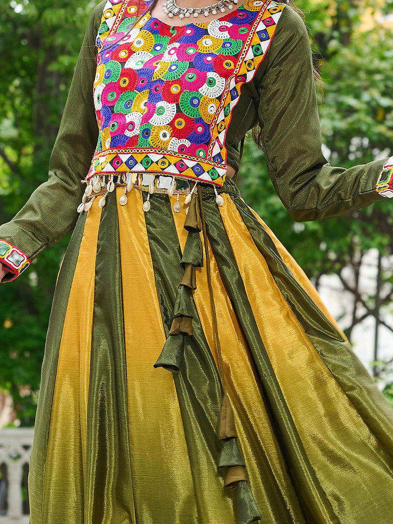 Alluring Green Chinon Gamthi Embroidered Ombre Lehenga Choli