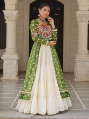 Awesome Parrot Green Kutchi Work Georgette Kurti With Lehenga