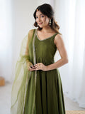 Striking Green Chanderi Silk Lace Work Festive Wear Anarkali Suit