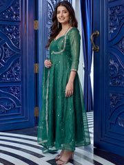 Alluring Teal Green Embroidered Silk Traditional Anarkali Gown With Dupatta