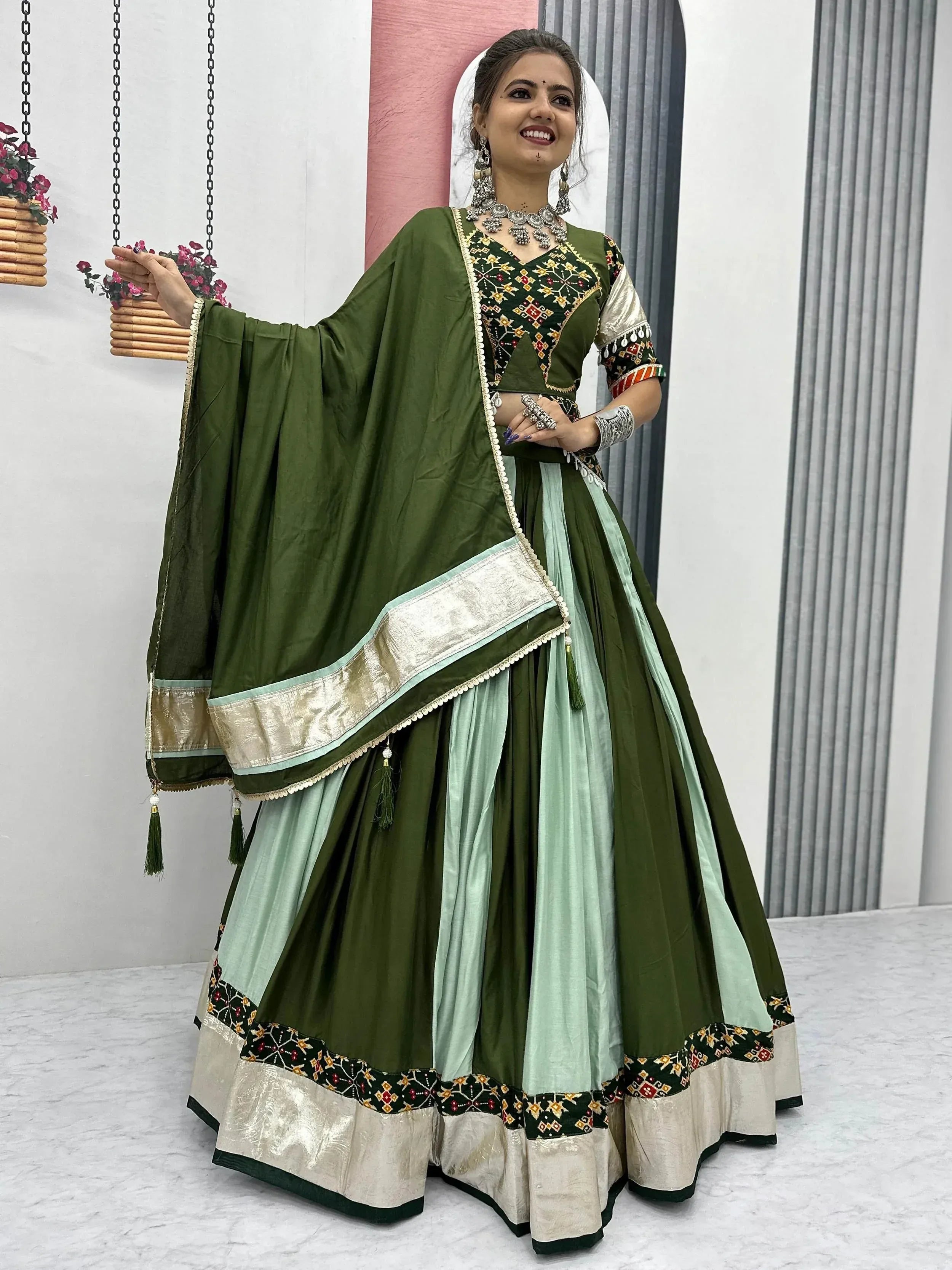 Green and mint designer lehenga choli with embroidery and dupatta, Indian ethnic wear