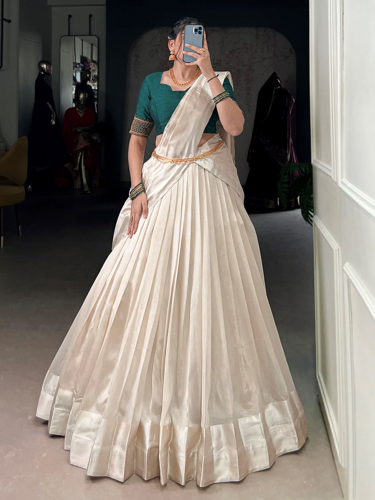 Spectacular Cream Silk Border Work Onam Wear Half Saree Lehenga