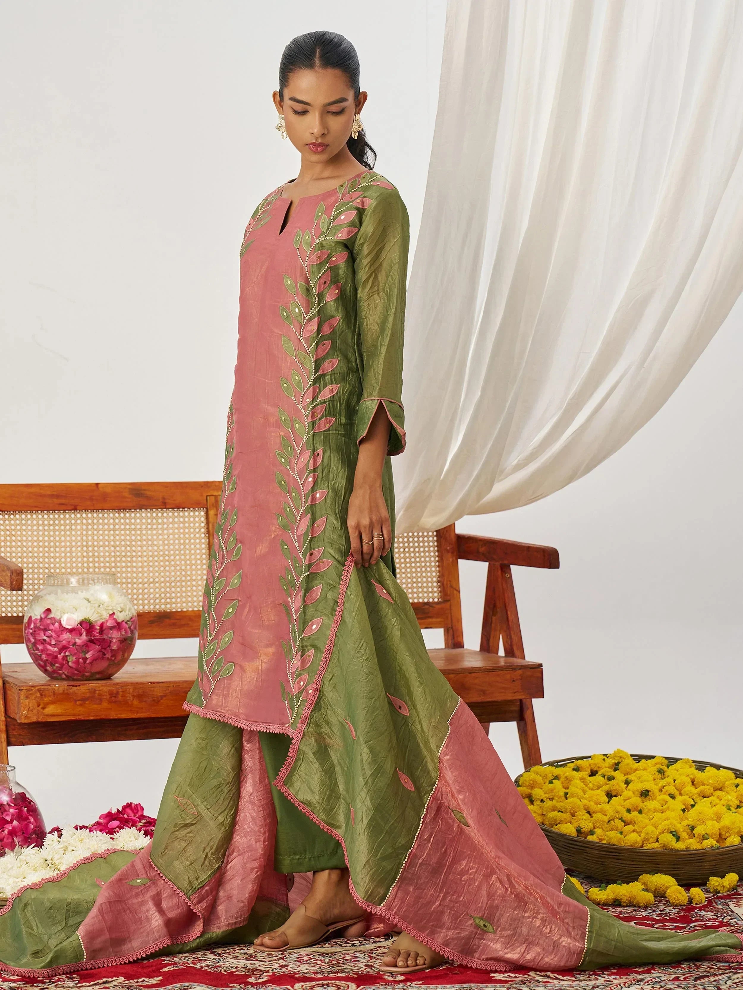 Glamorous Green Organza Mirror Work Festive Wear Pant Suit
