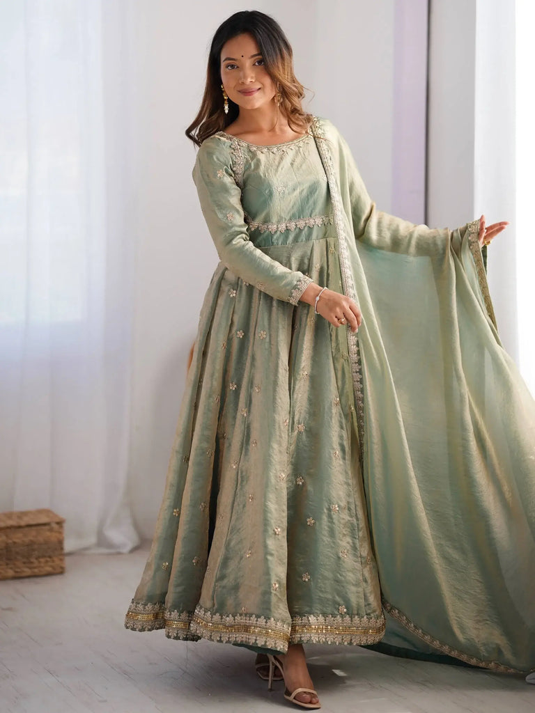 Dazzling Green Coding Work Silk Festive Wear Gown With Dupatta