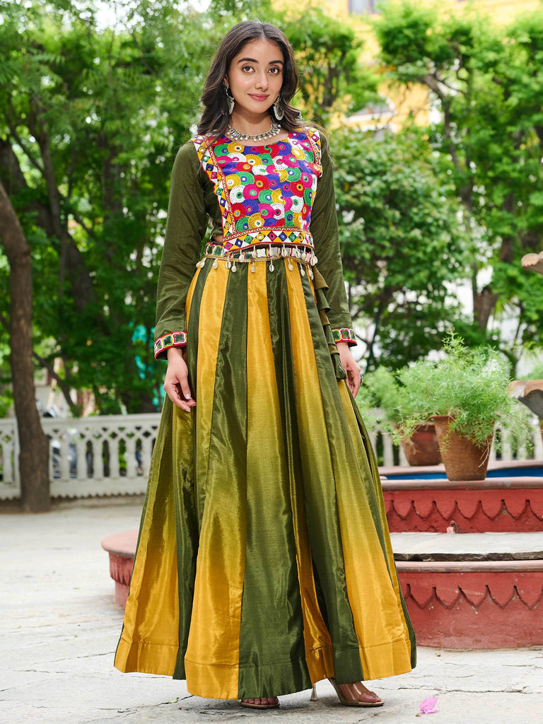 Alluring Green Chinon Gamthi Embroidered Ombre Lehenga Choli