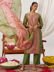 Glamorous Green Organza Mirror Work Festive Wear Pant Suit