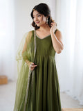 Striking Green Chanderi Silk Lace Work Festive Wear Anarkali Suit