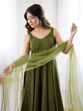 Striking Green Chanderi Silk Lace Work Festive Wear Anarkali Suit