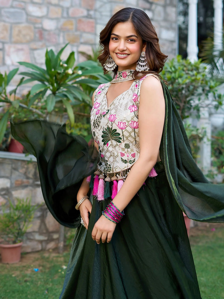 Stunning Green Silk Floral Embroidery Mehendi Wear Lehenga Choli