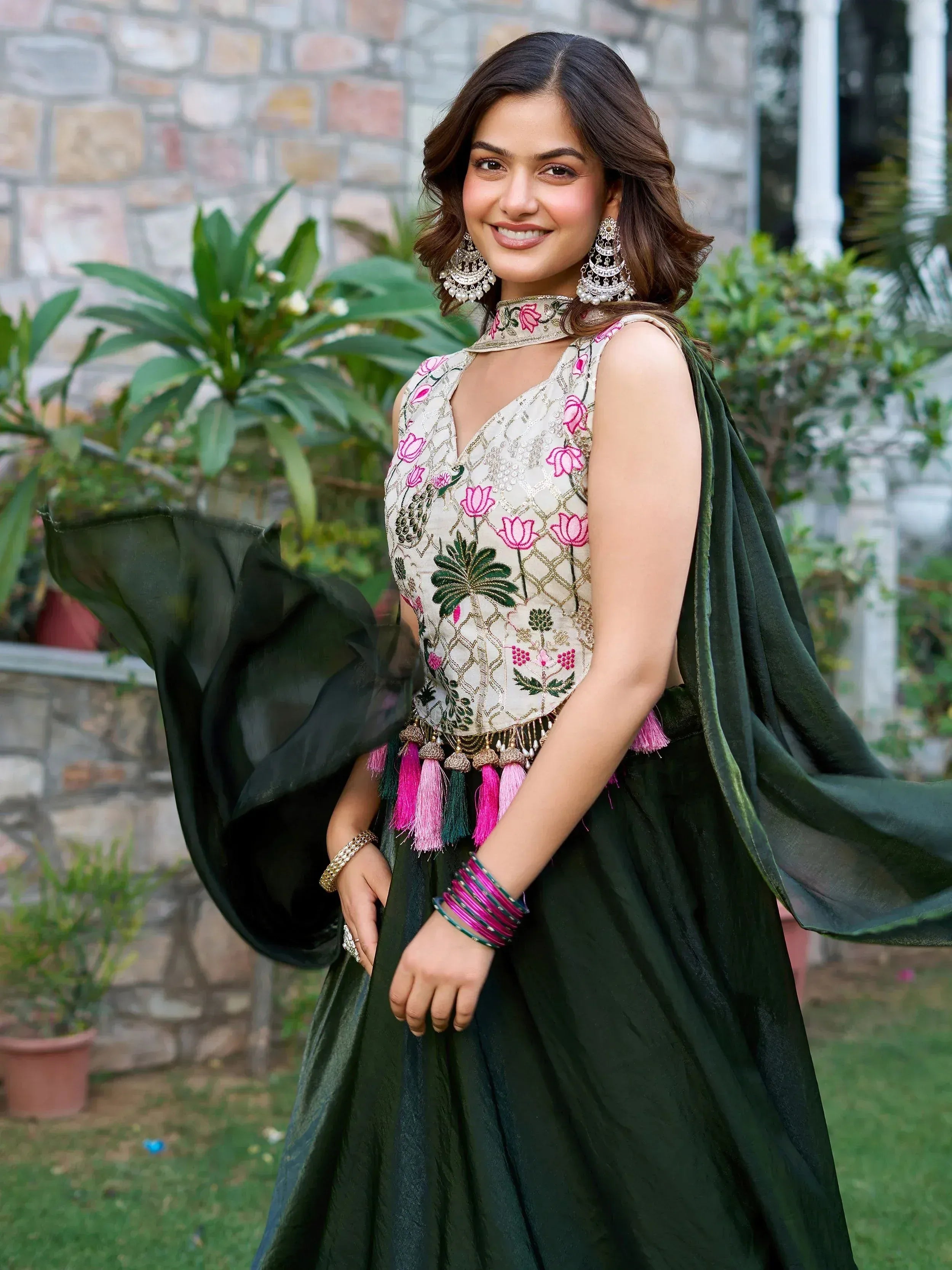 Stunning Green Silk Floral Embroidery Mehendi Wear Lehenga Choli