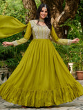 Amazing Parrot Green Georgette Beads Work Gown With Dupatta