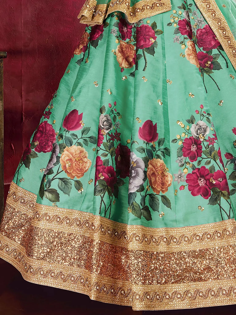 Green Floral Printed Banglori Silk Bridal Lehenga Choli With Dupatta