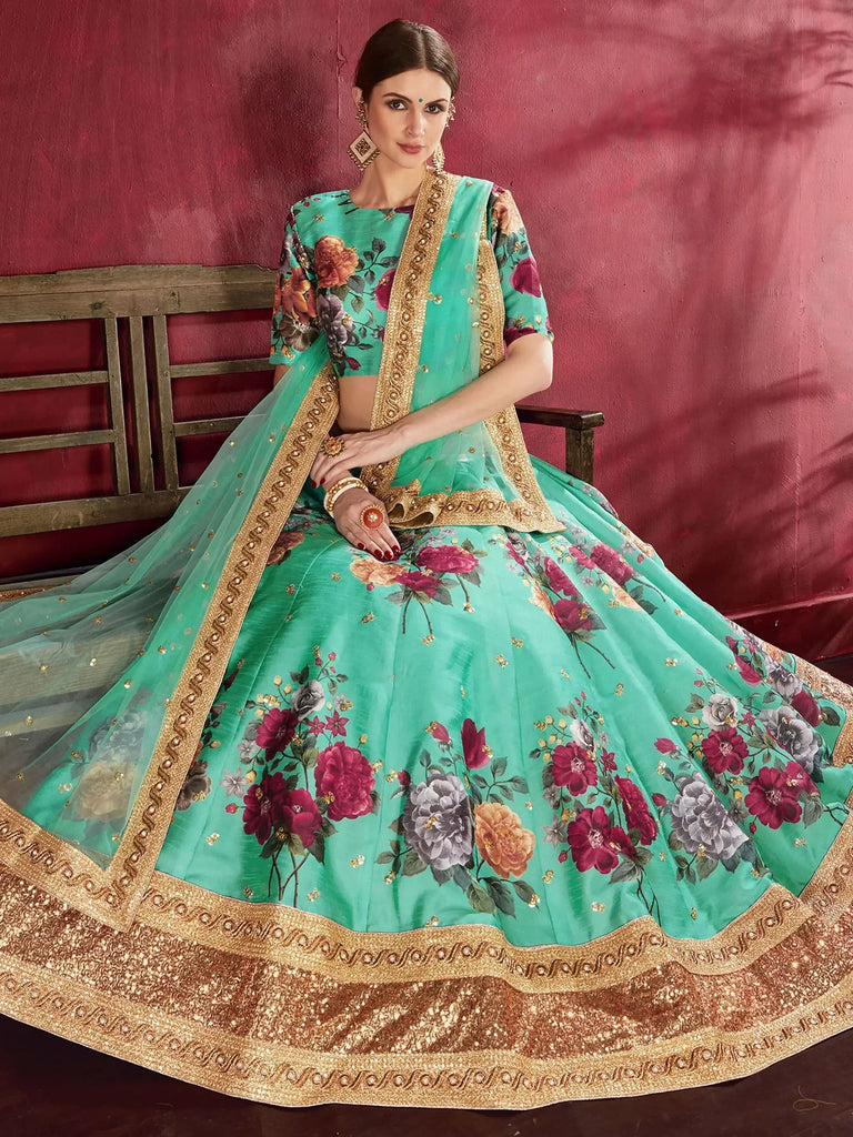 Green Floral Printed Banglori Silk Bridal Lehenga Choli With Dupatta
