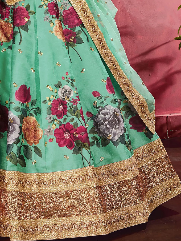 Green Floral Printed Banglori Silk Bridal Lehenga Choli With Dupatta