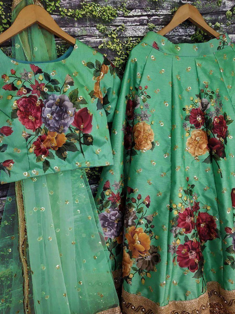 Green Floral Digital Printed Art Silk Bridal Lehenga Choli