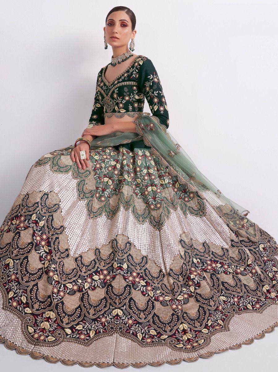 Designer lehenga choli with intricate floral embroidery, perfect for Indian ethnic wear and weddings.