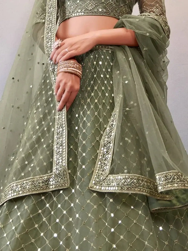 Captivating Mehendi Green Sequined Net Bridesmaid Lehenga Choli