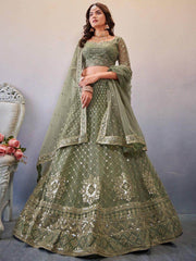 Captivating Mehendi Green Sequined Net Bridesmaid Lehenga Choli