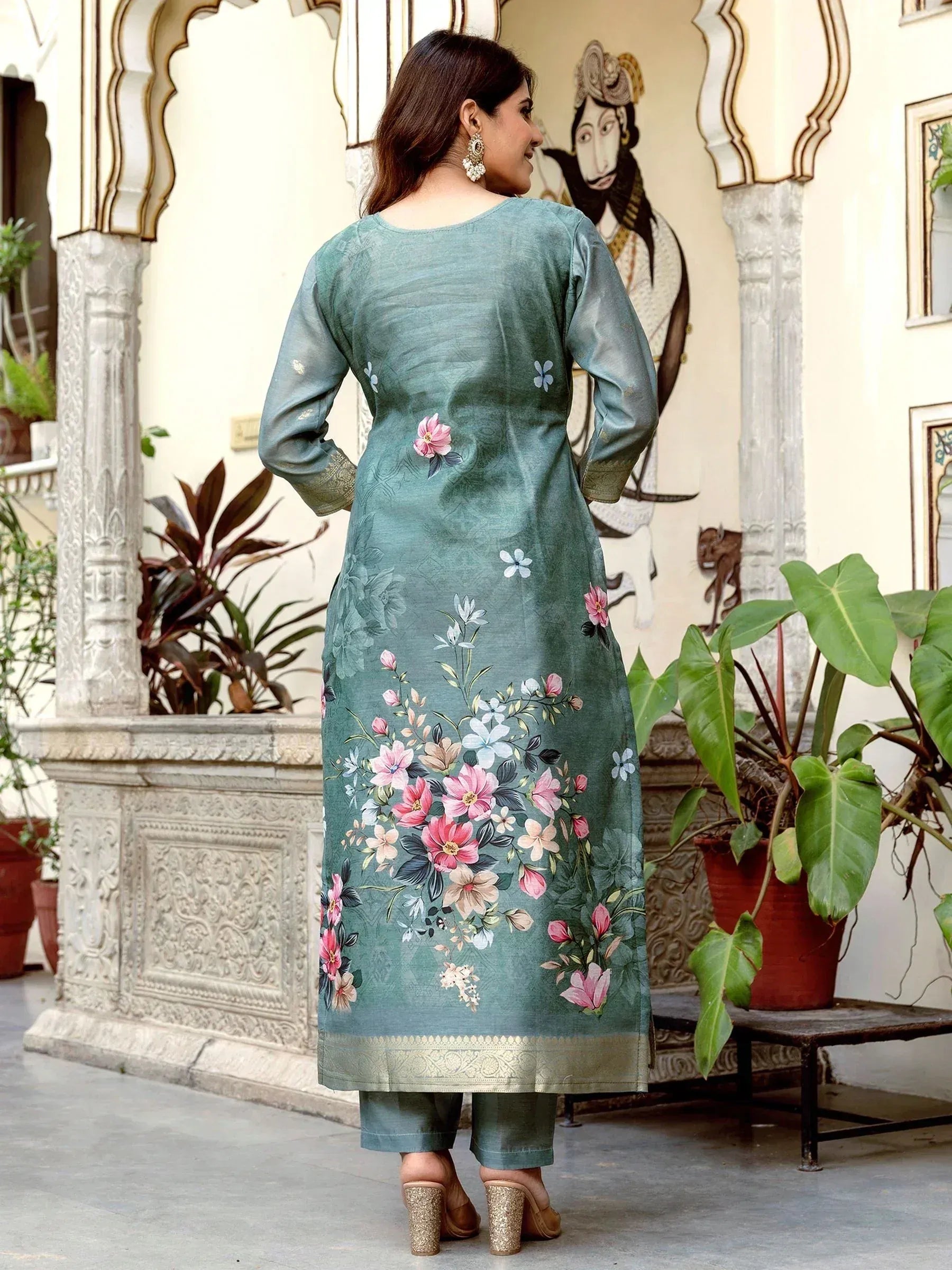 Teal floral print kurta with matching pants, Indian ethnic wear for women, traditional designer outfit