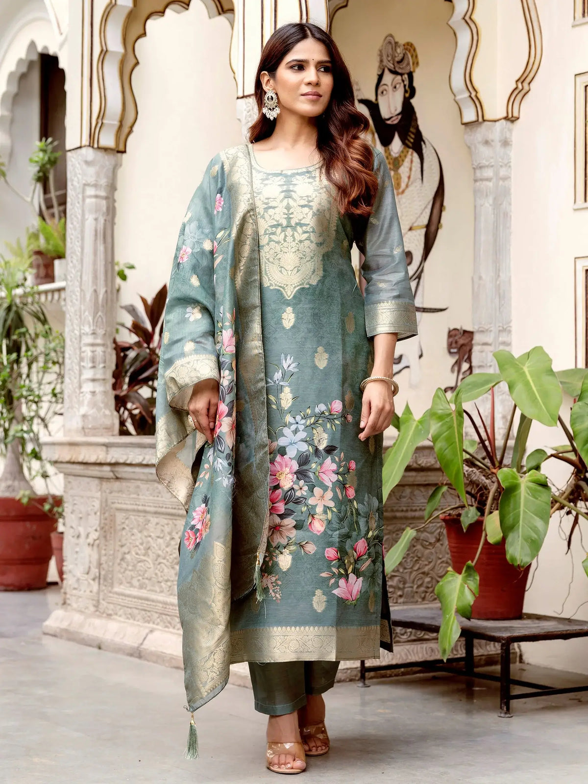 Precious Grey Chanderi Floral Printed Traditional Straight Suit
