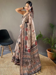 Beautiful Off White Color Printed Silk Festival Wear Saree With Blouse