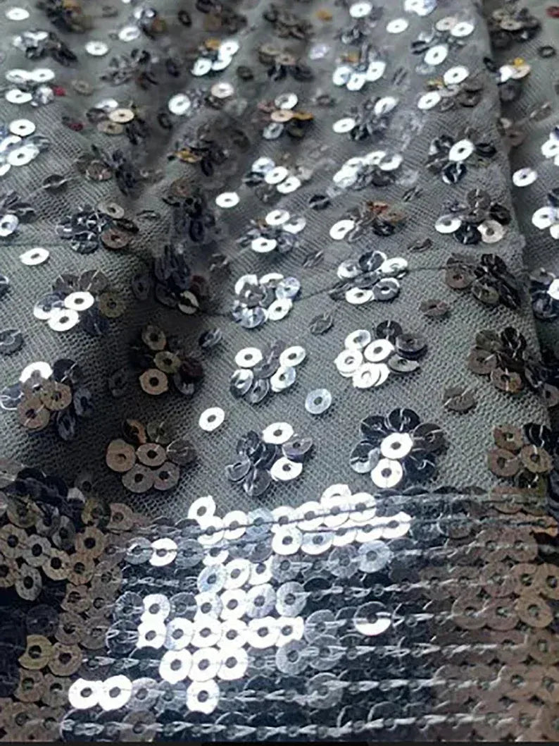 Black and silver sequin fabric with floral patterns for ethnic wear designs