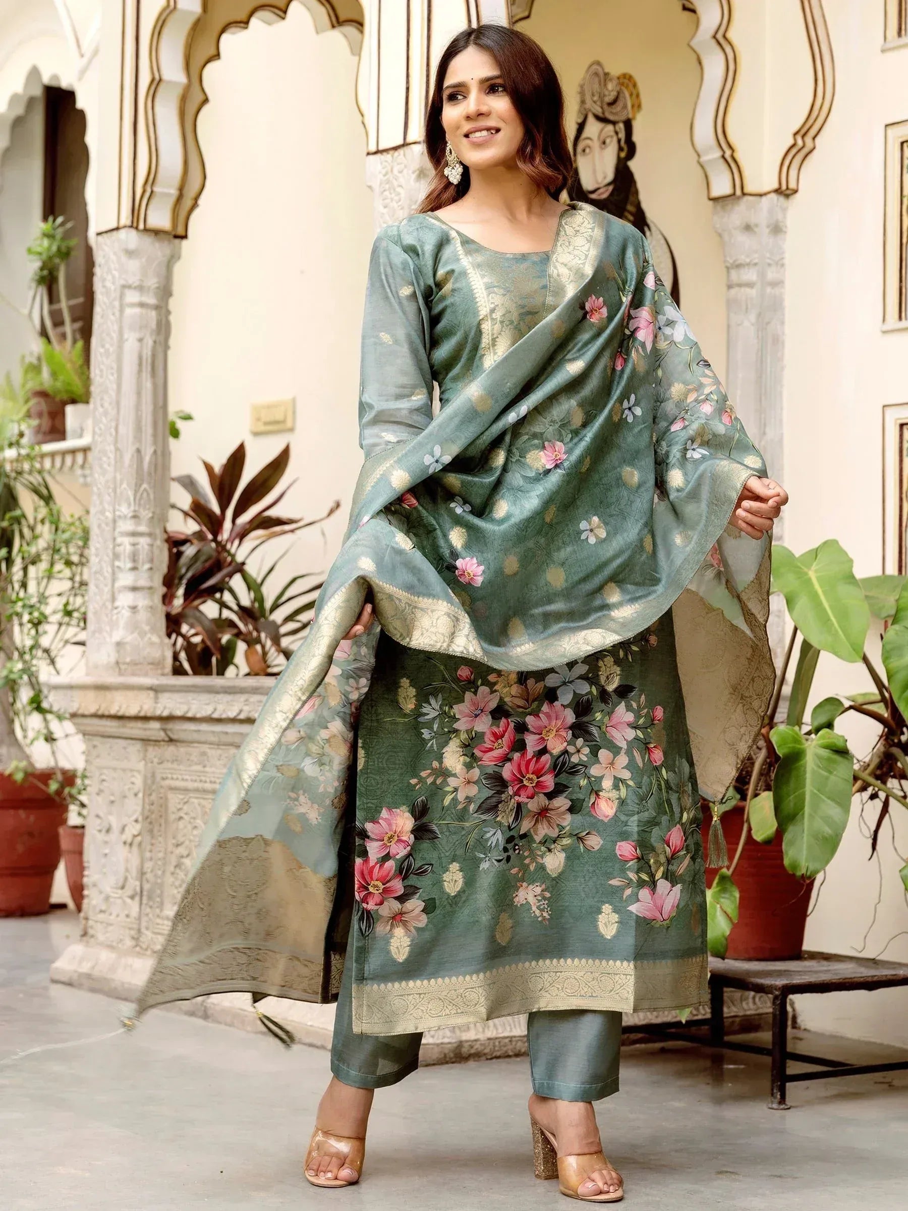 Green floral printed salwar kameez with gold border, ethnic Indian wear for women