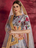 Grey Floral Printed Banglori Silk Bridal Lehenga Choli With Dupatta