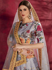 Grey Floral Printed Banglori Silk Bridal Lehenga Choli With Dupatta