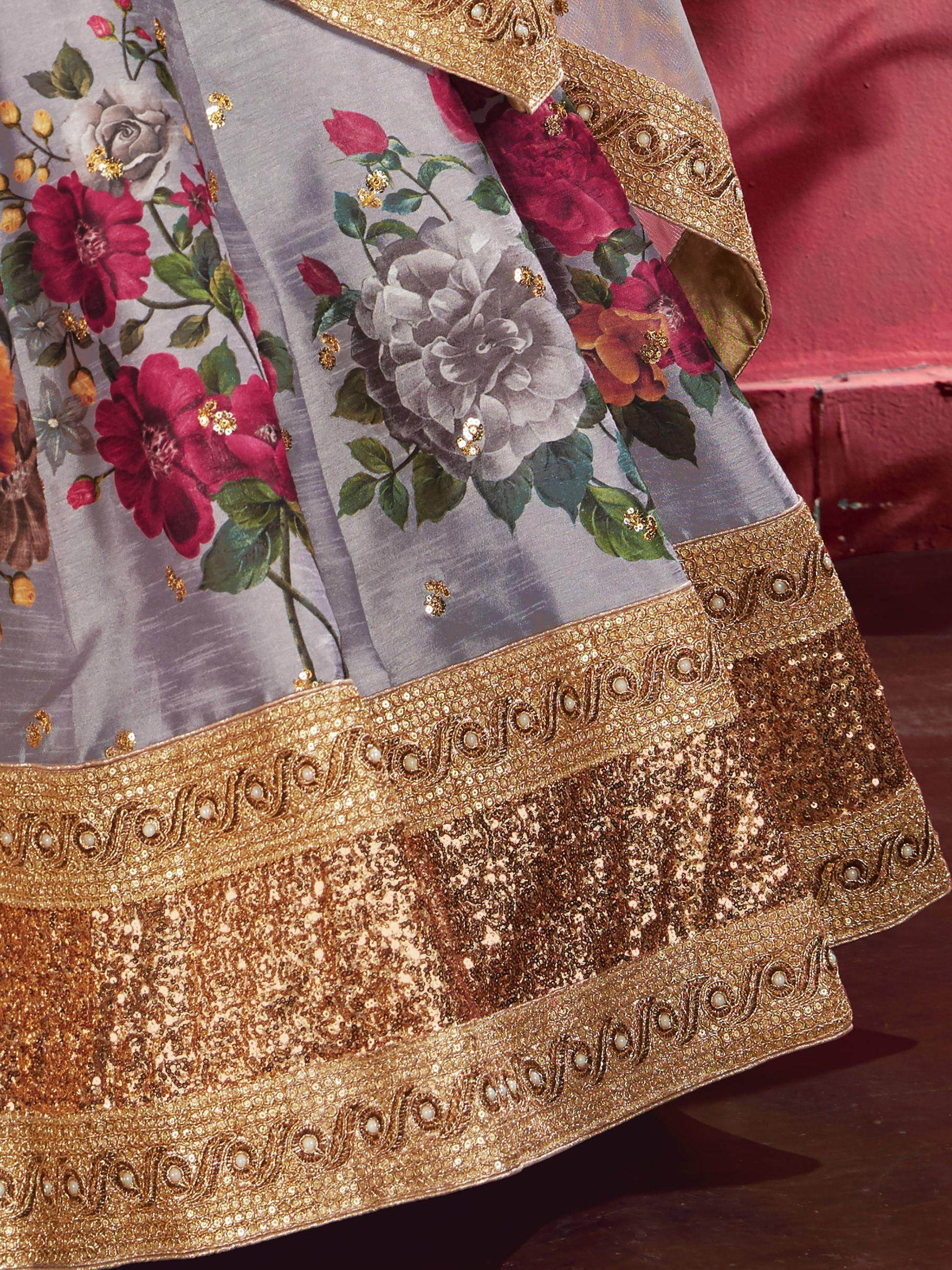 Grey Floral Printed Banglori Silk Bridal Lehenga Choli With Dupatta