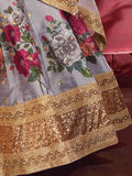 Grey Floral Printed Banglori Silk Bridal Lehenga Choli With Dupatta