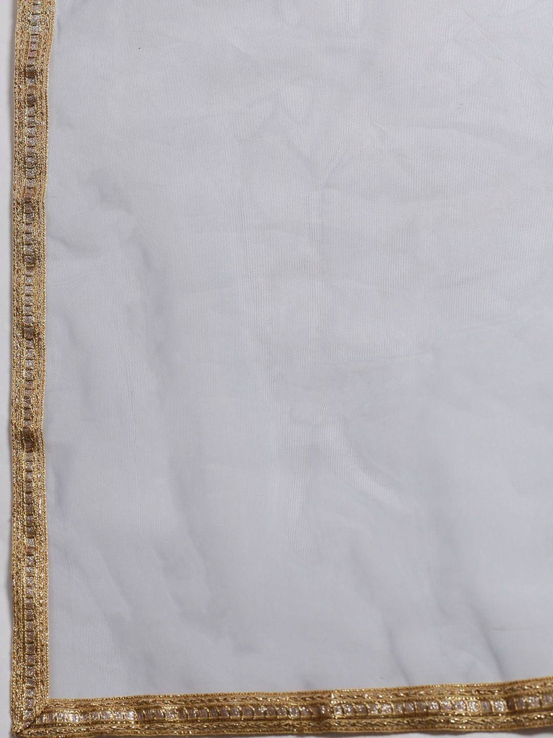 White ethnic fabric with gold embroidered border, ideal for sarees or lehenga choli