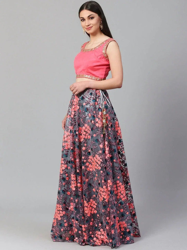Grey Semi-Stitched Myntra Lehenga & Unstitched Blouse with Dupatta