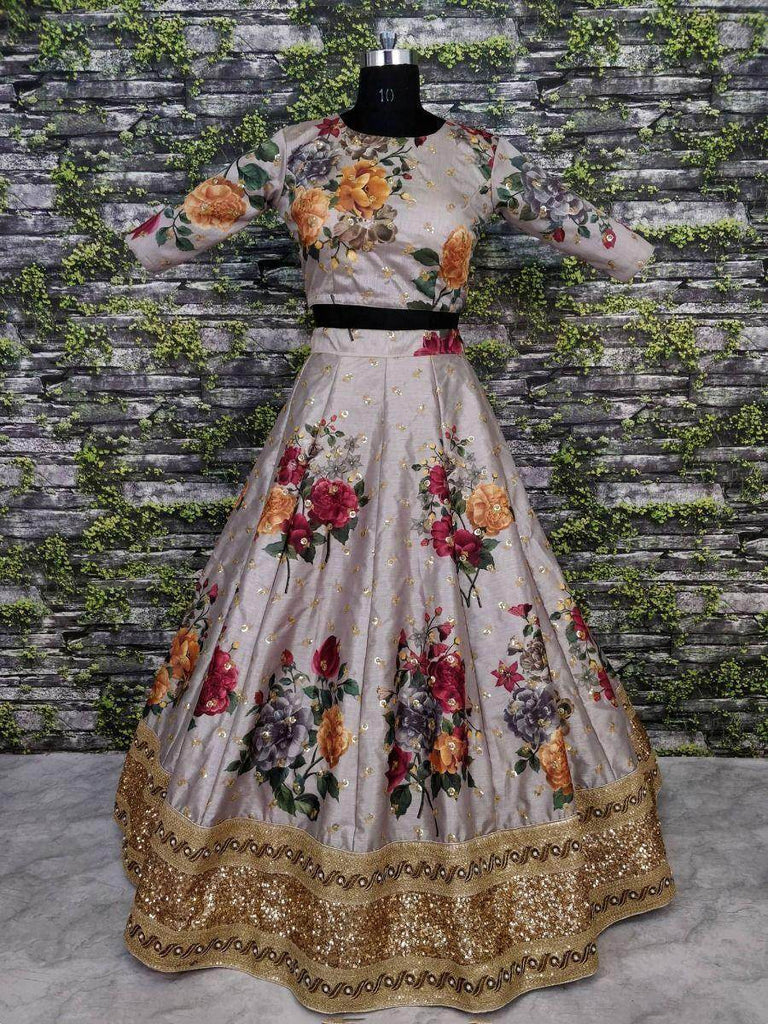 Sabyasachi Gray Floral Digital Printed Art Silk Bridal Lehenga Choli